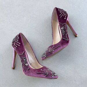 ZARA Purple Pink Silver Star Beaded Velvet Pointy Toe Pumps Stiletto Heels 39